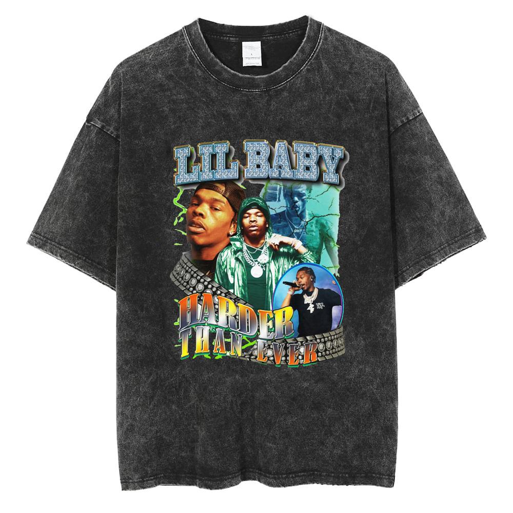 Hip Hop Rapper Wash Vintage Black Lil Baby T Shirt Unisexs Fashion Oversized Tee Short Sleeve Regular Male Tshirt Unisex Streetwear