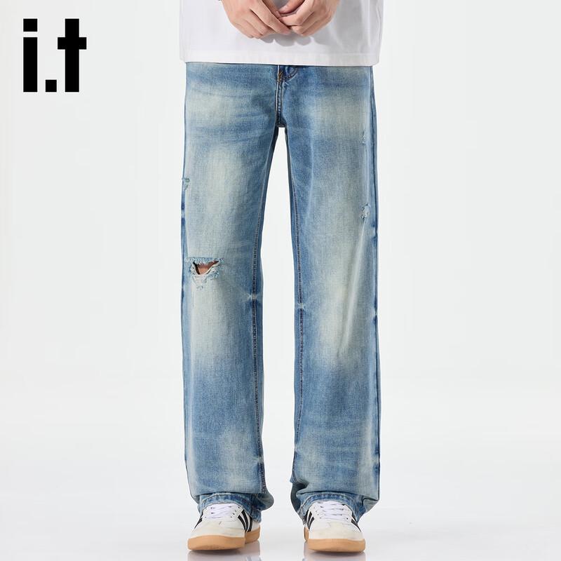 Izzue It Men's American Street Style Ripped Loose Straight Jeans