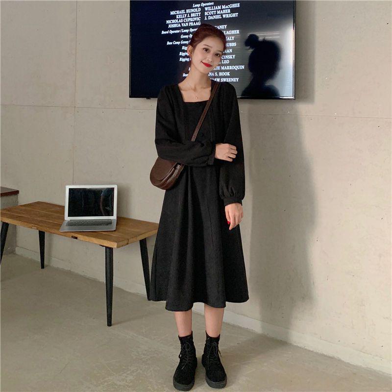 

2026 Autumn Korean A-line High-Waist Slimming Mid-Length Square Neck Solid Color Long-Sleeve Dress Extra Large чёрный