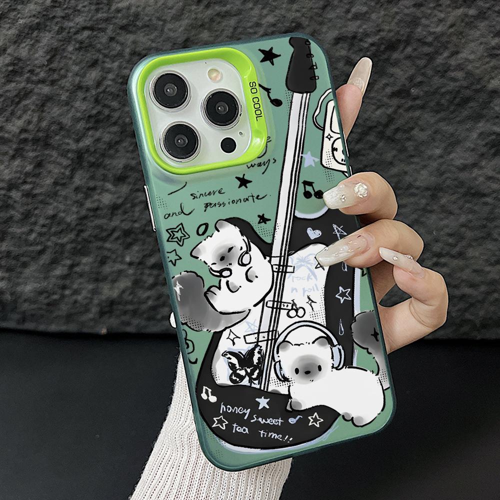 

Black Guitar Music Cat Phone Case for iPhone 17 Air 16 16e 15 14 Plus 13 12 11 Pro Max X Xs XR 8 Colorful Silver Hard Cover iPhone 8