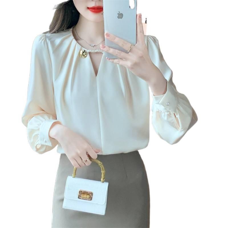 2026 Spring/Autumn Women's Stylish Long Sleeve Chiffon Top - Loose, Slimming, and Belly-Hiding Shirt