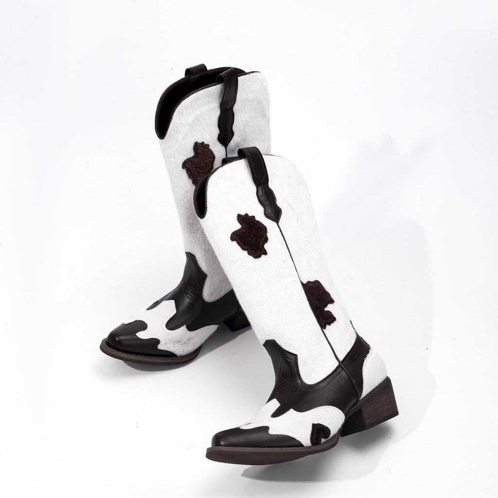Fashionable Plus-Size Embroidered Mid-Calf Women's Boots: Pointed Toe, Chunky Heel, Sizes 35-46