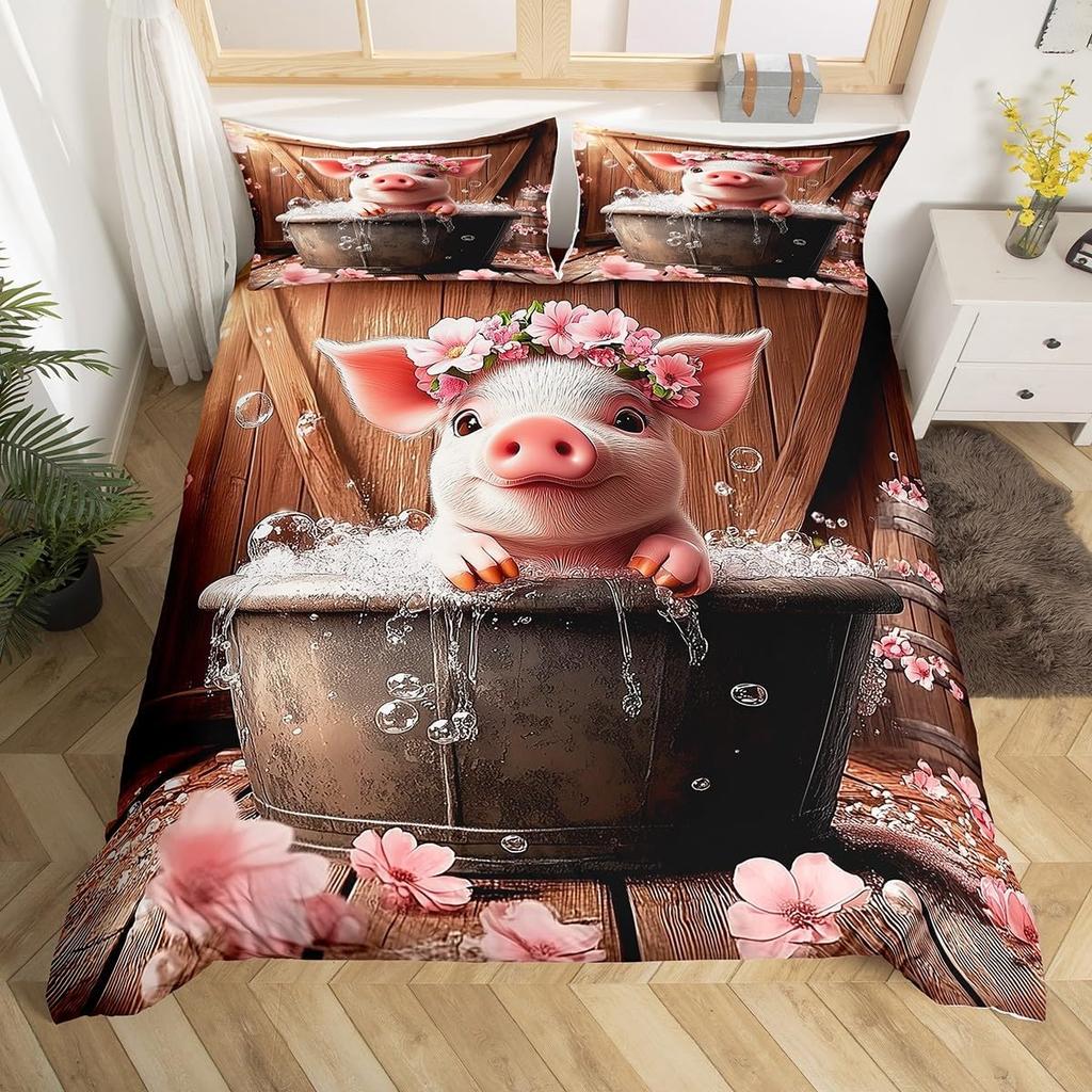 Farm Animal Pig Bedding Set Full Queen Size, Cute Pig Duvet Cover For Kids Girl, Cartoon Pigs Comforter Cover With 2 Pillow Case