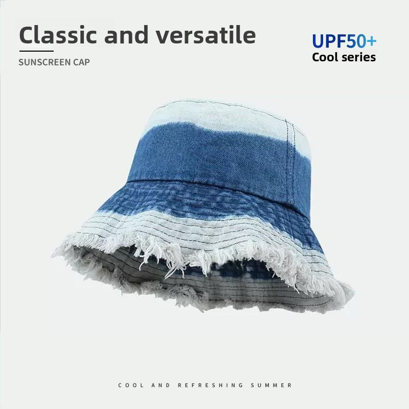 The same bucket hat women's spring and summer washed big eaves vacation burrs denim sunscreen sun hat, outdoor mountaineering hat