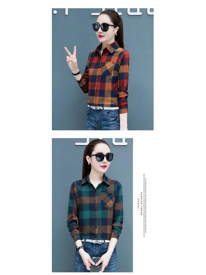 2025 Women's Korean Style Plaid Slimming Shirt - Casual Long Sleeve Print for Spring & Autumn Students