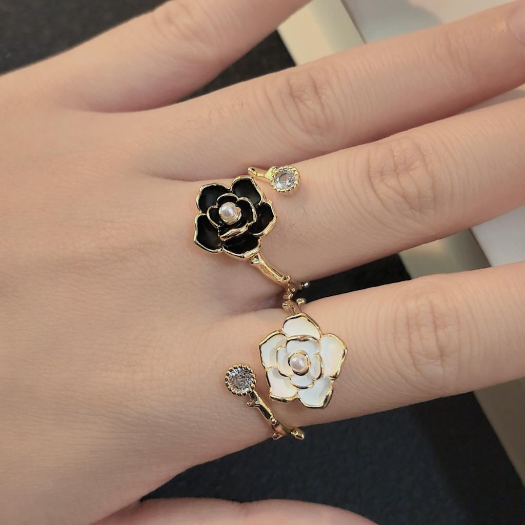 1Pcs Golden White Floral Open Ring Copper Alloy Simulated Pearl Zircon Elegant Women Fashion Finger Jewelry Gift