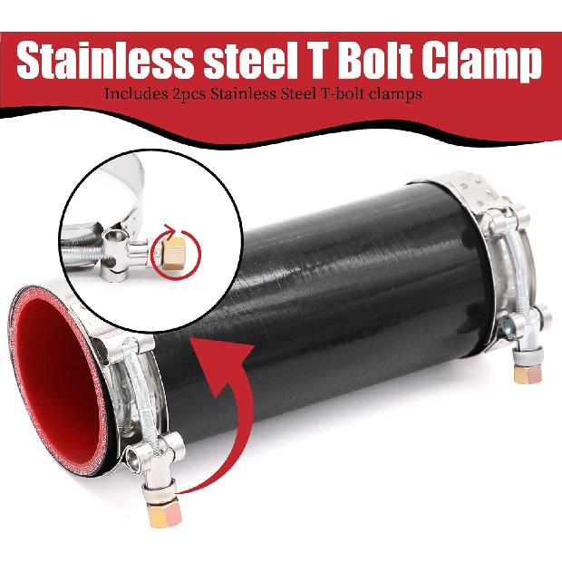 2.5" ID Straight Silicone Hose Coupler, High Temp 4-Ply Reinforced With 2Pcs Stainless Steel T-Bolt Clamp