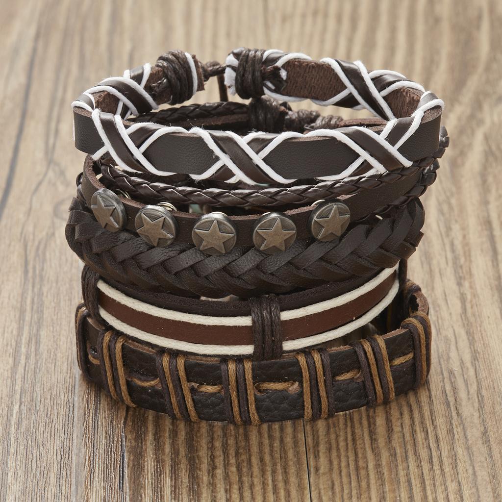 Vintage Multi-layer Feather Moon Leather Braid Bracelets Bangles For Men Handmade Geometric Star Rope Wrap Bracelet Jewelry Gift