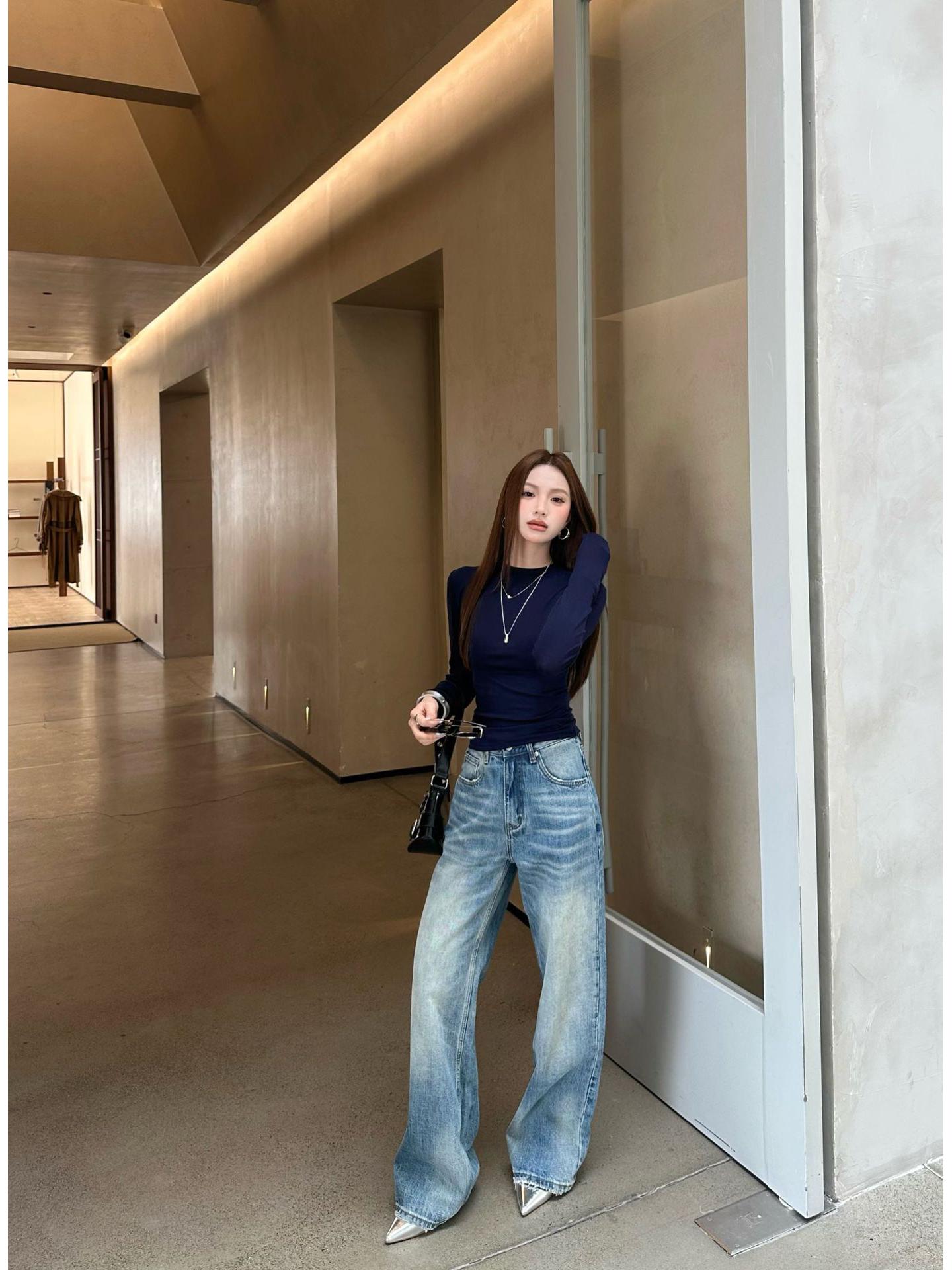 Lu Sheng Unisex Retro Blue Wide-Leg Micro-Flare Jeans XL