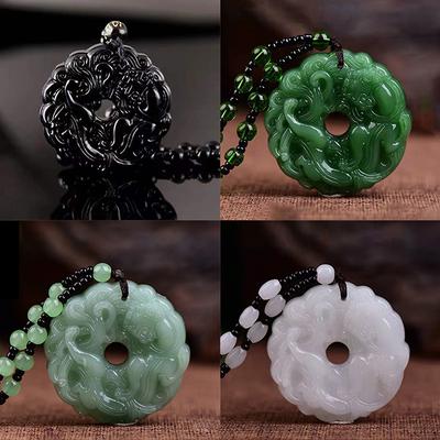 Grüne Jade Handgeschnitzter hohler Drachen-Jade-Anhänger, mehrfarbiges chinesisches Amulett, Glücksschmuck für Frauen und Männer