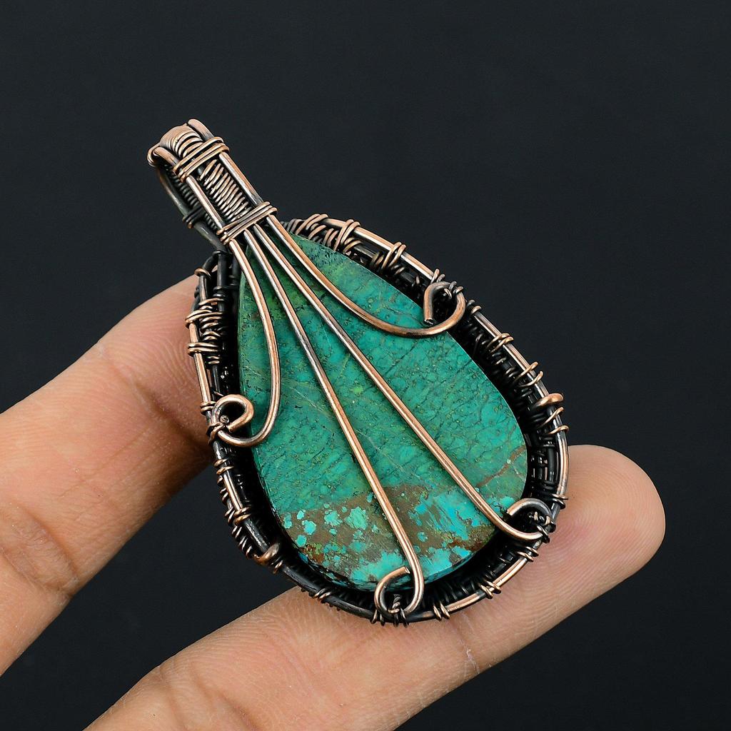 Tibetan Turquoise Pendant, 999 Copper Wire Wrapped Gemstone Jewelry, Handmade Pendant, For Thanksgiving