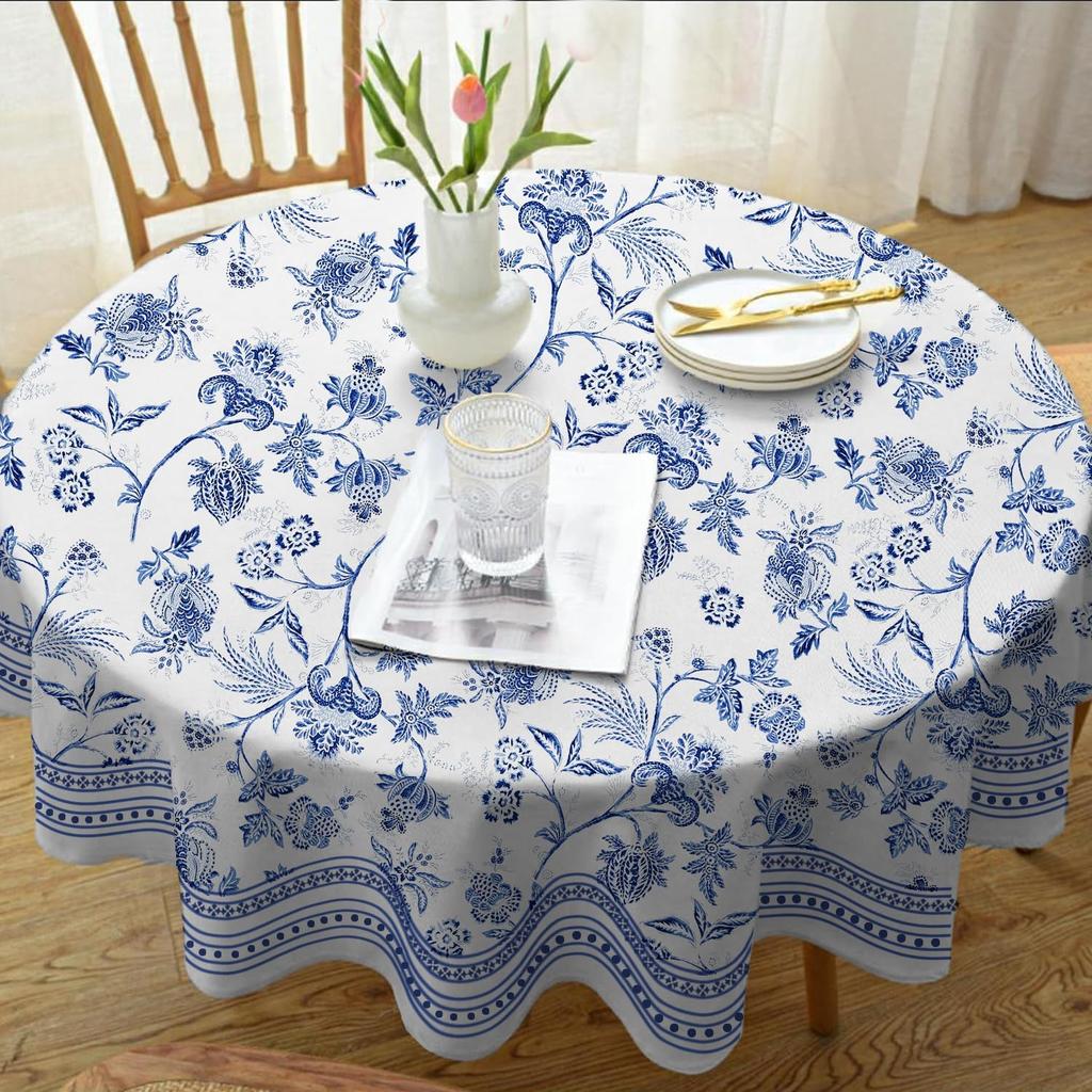 Yighty Round Tablecloth 60x60 Inch, Waterproof Wrinkle Resistant Durable Polyester Table Cover Blue Floral Tablecloth for Indoor and Outdoor, Holiday