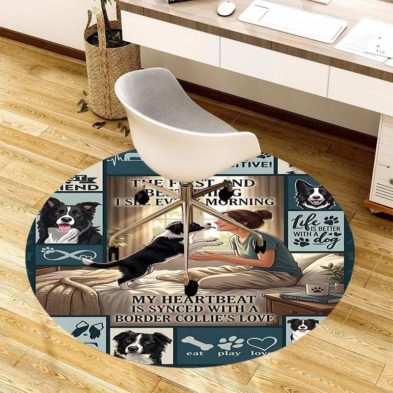 1PC Border Collie Love Non-Slip Floor Round carpet, Office, family, bedroom, Large Area Rug Indoor Rugs, Durable Polyester-L0384