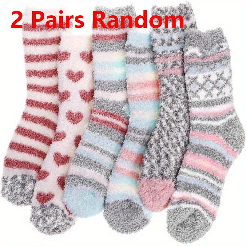2/6 Pair Autumn Winter Coral Velvet Socks Sweet Cute Colorful Striped Love Heart Thick Keep Warm Socks Lovely Home Floor Sleep Socks
