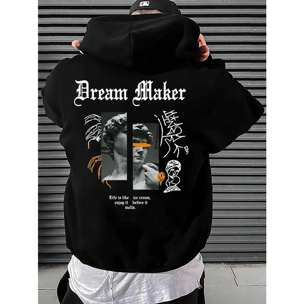 Dream Maker Brave Sculpture Pattern Men Clothing Creative Pocket Hoodies Hip Hop Autumn Streetwear Fleece Casual Male Clothing