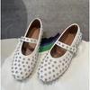 Luxury Crystal Rhinestone Fishnet Ballet Flats Woman Brand Design Rivet Studs Mesh Mary Jane Shoes Ladies Summer Cut Out Loafers