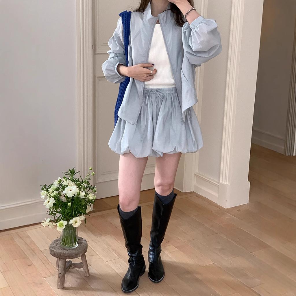 Damen Frühling und Sommer Neu Lässige Stehkragen Reißverschluss Strickjacke Sonnenschutzjacke + Hochtaillierter A-Linien Knospenrock Kurzer Rock