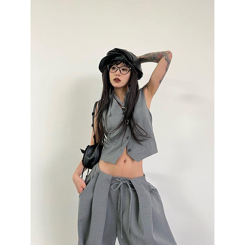 

Fashionable Loose Feeling Old Money Style Wide Shoulder Profile Loose Suit Outwear Vest Wide-Leg Suit Pants Three-Piece Suit Female Grey vest S (around 40.00 kg-50.00 kg)