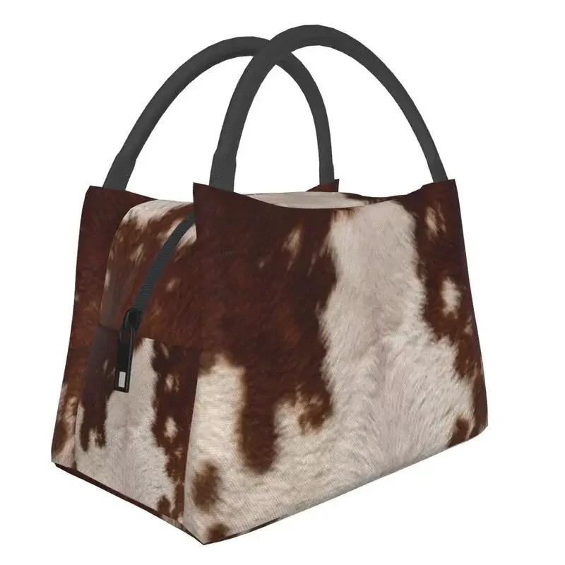 Cowhide Leather 3D Printing Resuable Lunch Box Women Waterproof Animal Fur Texture Thermal Cooler Food Insulated Lunch Bag