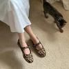 Fashion 2025 New Retro Round Head Ballet Shallow Mouth One Word Buckle Flat Leopard Print Single Shoes Woman
