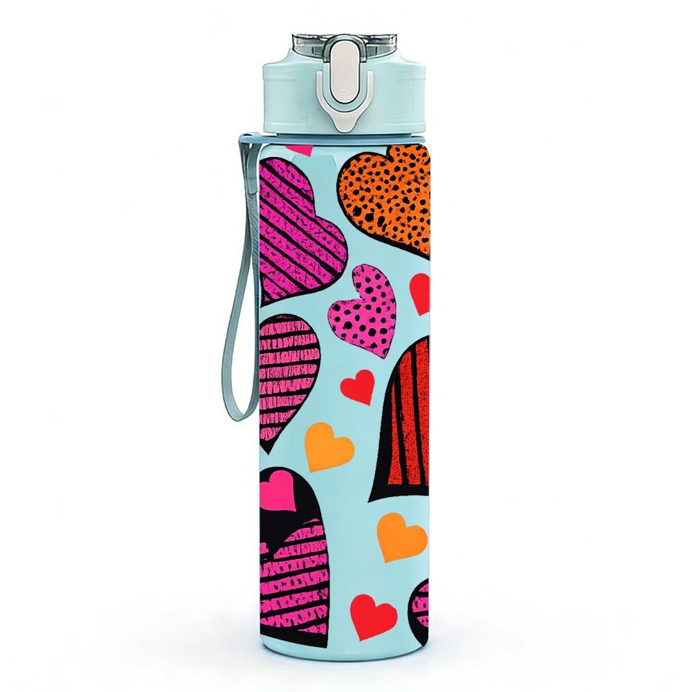 1PC Multi Color Heart Seamless Print 750ml Color Plastic Sports Water Bottle Leakproof Flip Straw Lid Suitable for Sports Office Home Use