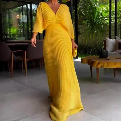 Dámske šaty Elegantné plisované šaty maxi s výstrihom do V pre ženy Dolmanové rukávy Večerná róba so štíhlym pásom Sukňa po celej dĺžke na párty