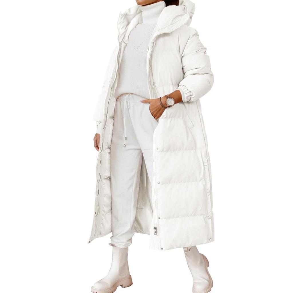 Women's Solid Color Hooded Long -style Temperament Cotton Coat Fashion Zipper Long -sleeved Pocket Jacket