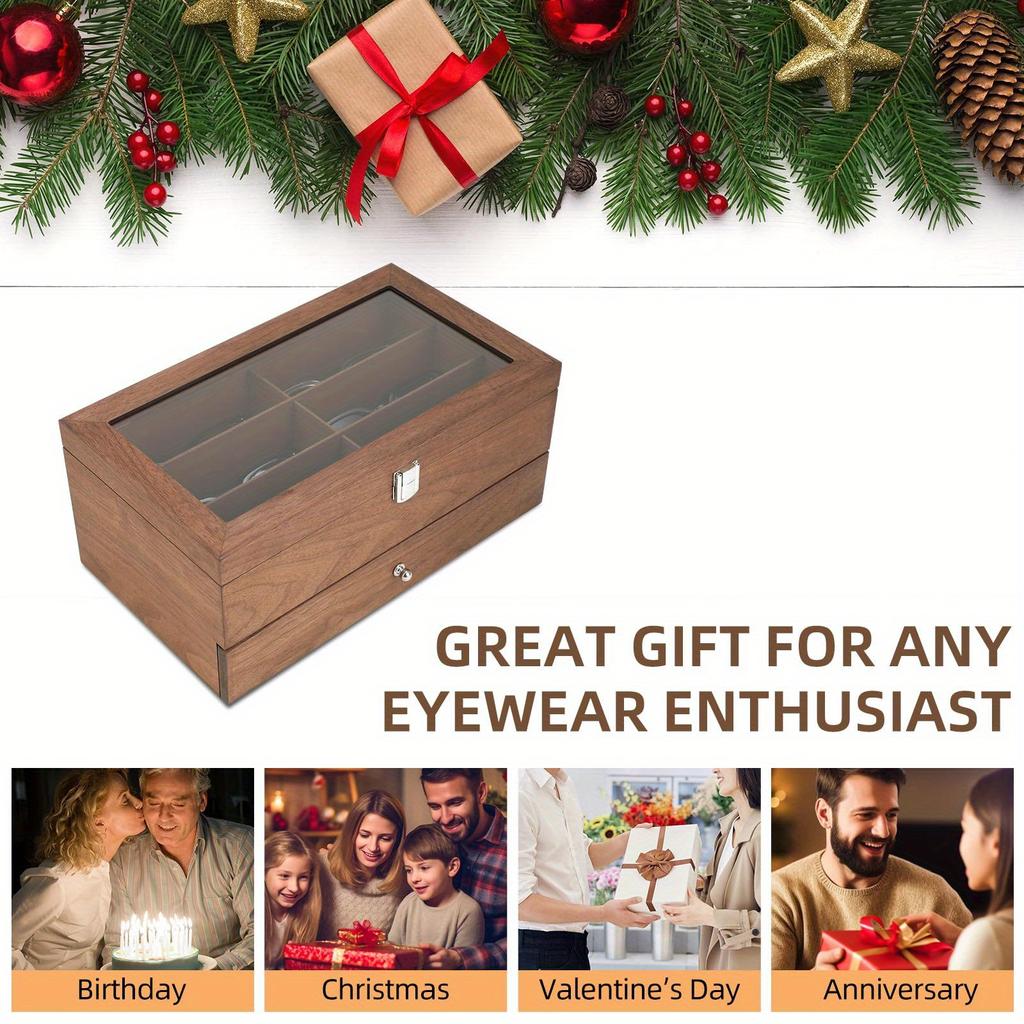 1pc 2 layers 12 grids Sunglasses wooden Storage Box with transparent Flip,Good quality,suitable for sunglasses display,organizer,collection.