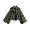 Women's Balloon Sleeve Zip Front Cropped Bomber Jacket with Turn Down Collar and Pleated Hem for Casual and Streetwear