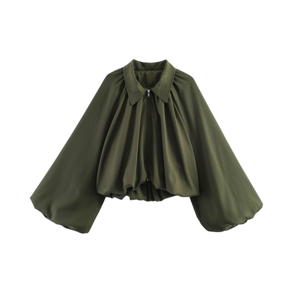 Women's Balloon Sleeve Zip Front Cropped Bomber Jacket with Turn Down Collar and Pleated Hem for Casual and Streetwear