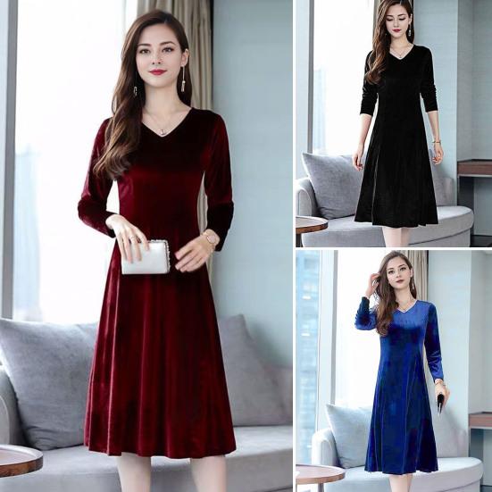 Women Velvet Dress Autumn Winter Solid Color V-neck Dress Medium Length A-Line Dress for Wedding Bridesmaid Party Daily Wear