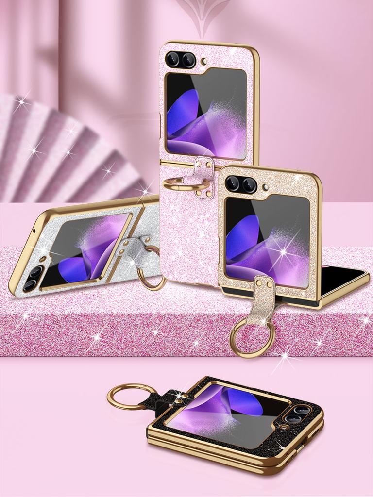 For Samsung Galaxy Z Flip 5 Case Slim Glittering PU Leather Foldable Folio Ring Stand Phone Cover Case Samsung Z Flip 3 4 5 6