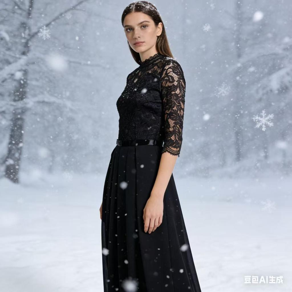 שמלת ערב משולבת שמלת שיפון, שמלת תחרה עם צווארון עגול, שמלת ערב ביגוד לנשים