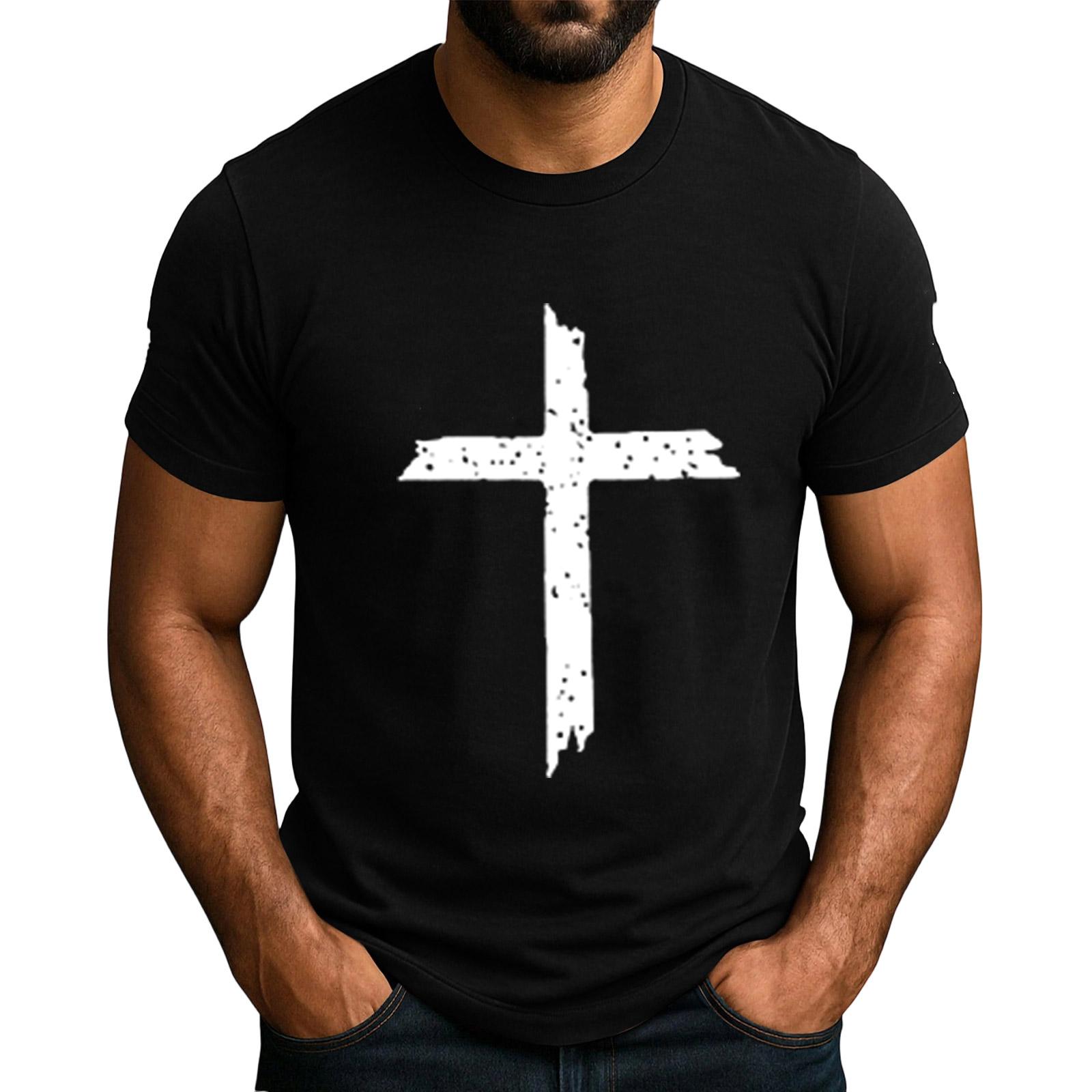 Mens Button Down Shirt Button Up Shirt Men Button Down Shirt Men Mens Button Down Short Sleeve Shirt with Cross Print Crew Neck Tee M чёрный