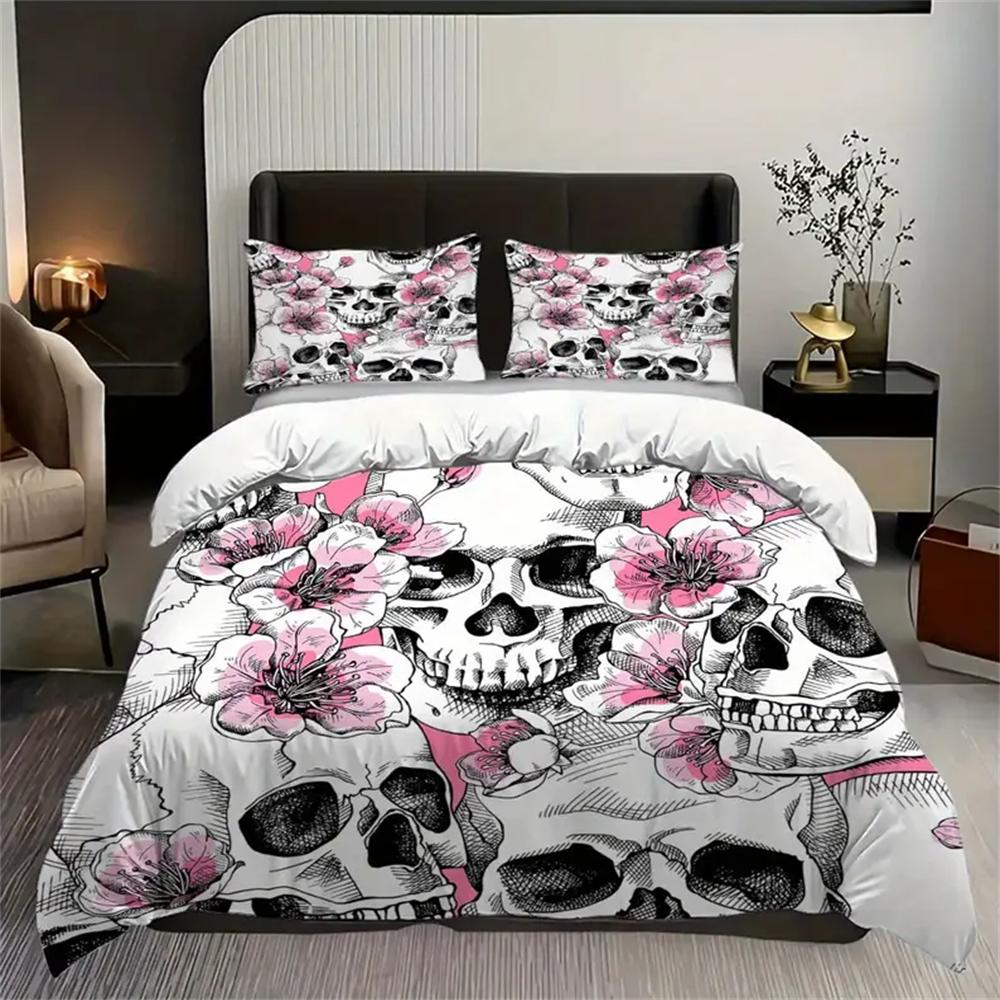 

Pink Floral Skull Print Duvet Cover Set - Includes 1 Duvet Covers Set and 2 Pillowcases, Zip Closure, Perfect for Bedroom EU Single 135x200cm