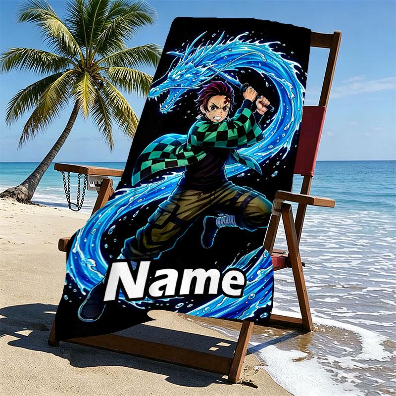 Personalisierbares Strandtuch mit Demon Slayer Aufdruck und individuellem Namen, für Reise, Camping, Strandparty, Heimdekoration, Geburtstagsgeschenk für Familie & Freunde