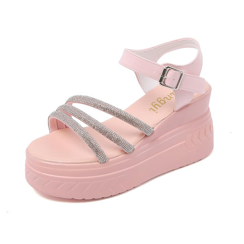 

Rhinestone sandals female summer new fairy wind fine belt temperament thick-soled muffin wedge heel with cool slippers 34 розовый