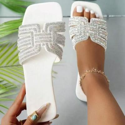 Summer Women Slippers Outdoor Rhinestone Slippers Fashion Non-Slip Beach Shoes Comfortable Square Heel Sandals Slides Women