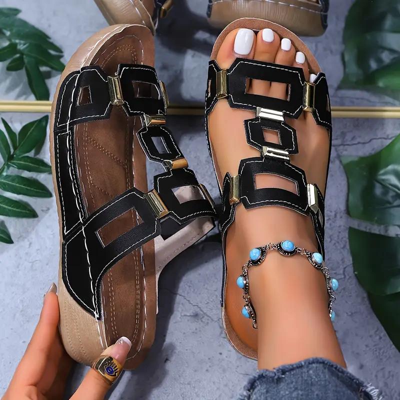Ladies' Wedge Sandals, Gold Buckle Decoration, Thick Sole, All Season Comfortable Casual Slippers, Fashionable and Versatile Elegant Women's Shoes