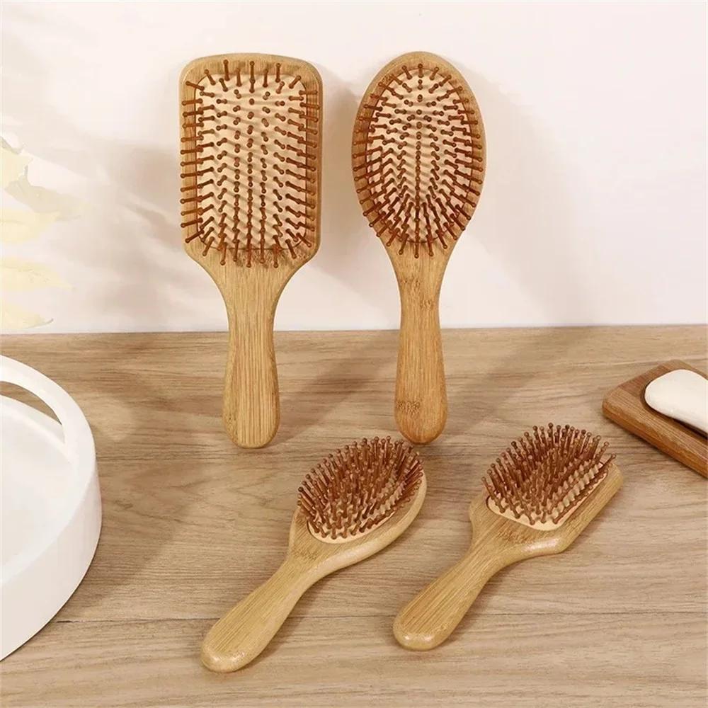 Wooden Bamboo Paddle Hair Brush Natural Air Cushion Scalp Massage Comb Detangling Anti-Static Hairbrush For Real Hair Wig