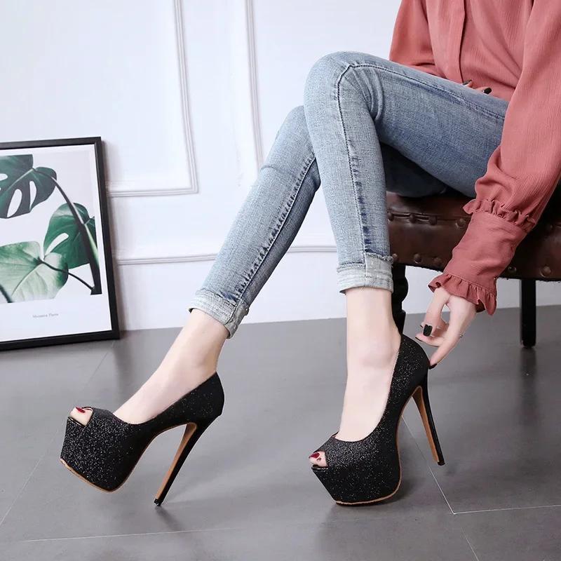 Fashion Women Shoes Autumn Crystal Fish Mouth Platform Women Pumps Sequins High Heels 15cm Shoes Peep Toe Shallow Female Shoes Women ty