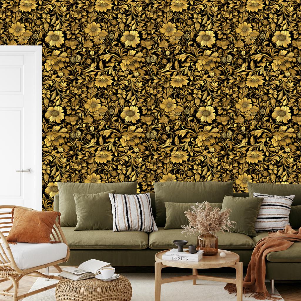 Golden Hibiscus Ochre Wallpaper, Vivid Detail for Living Room and Bedroom 50x1000