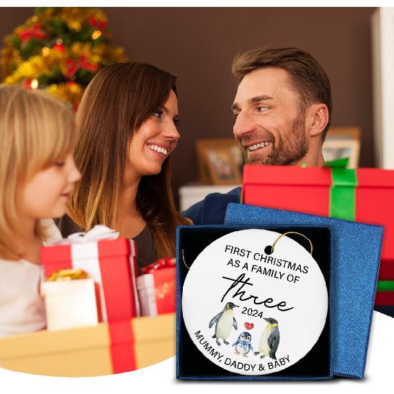 First Christmas As a Family Ceramic Ornament 2024, New Parents Gifts for Couples Mom Dad Newborn, New Mom Dad Baby Gifts Ideas, Baby 1st Ornament