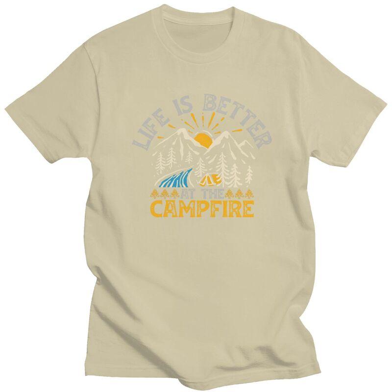 Custom Life Is Better Campfire Mountain Camping T Shirt for Men Pure Cotton Tshirt Fashion Tees Tshirt Loose Fit Clothing Gift