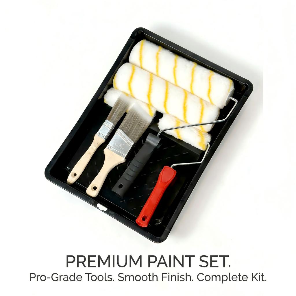 Paint Roller Kit 9 Piece, Paint Rollers, Brushes & Paint Tray, House Painting Supplies, High Absorbency, Washable, Reusable