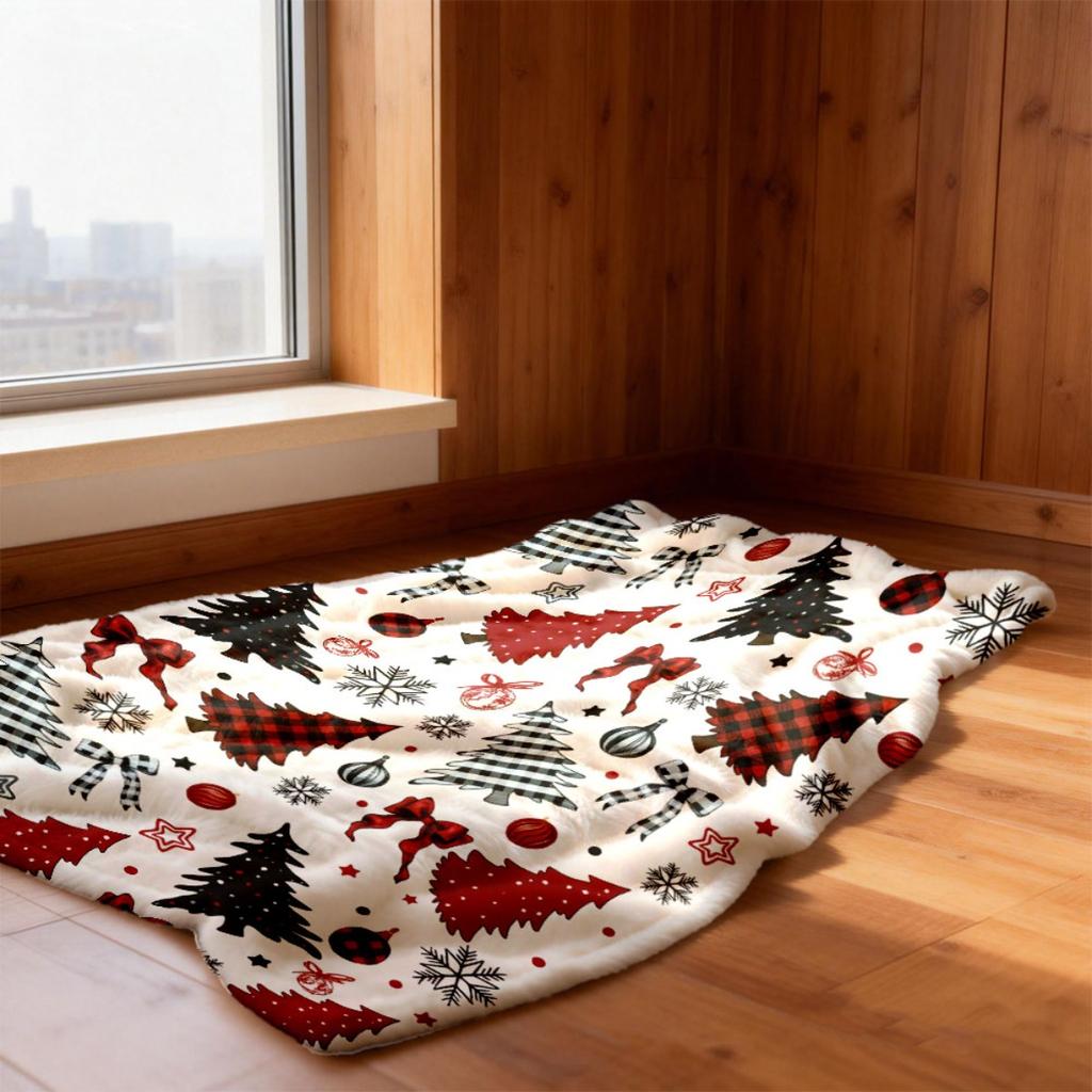 Plaid Christmas Tree Bow Flannel Throw Blanket, Xmas Tree Ornament Print Soft Warm Blanket for Sofa Bed Winter Holiday Home Decor Gift