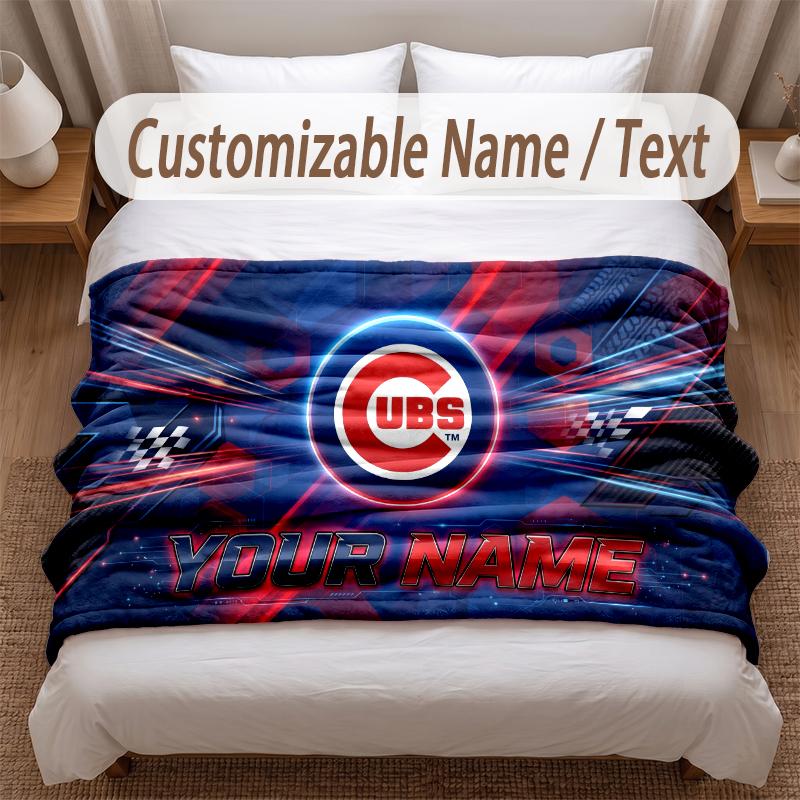 Chicago Cubs Printed Flannel Blanket Custom Name Text Soft Warm Throw For Bedroom Holiday Gift