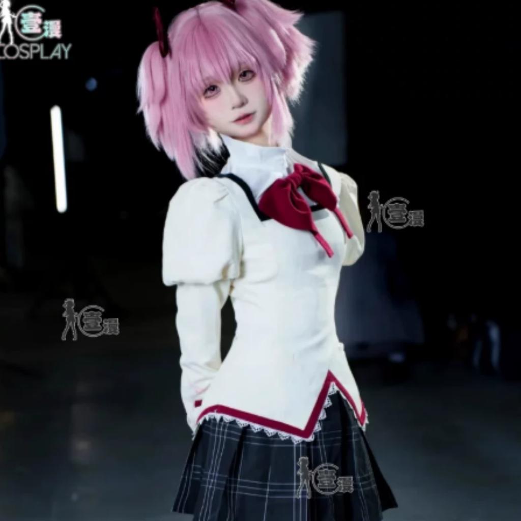 Puella Magi Madoka Magica School Uniform Cosplay Costume Full Set with Wig for Halloween Party