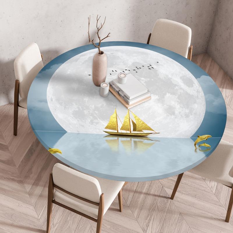 Waterproof Oil-Proof Reusable Tablecloths Round Tablecloth Wood Texture Tablecloths Elastic Fitted Home Round Table Cover