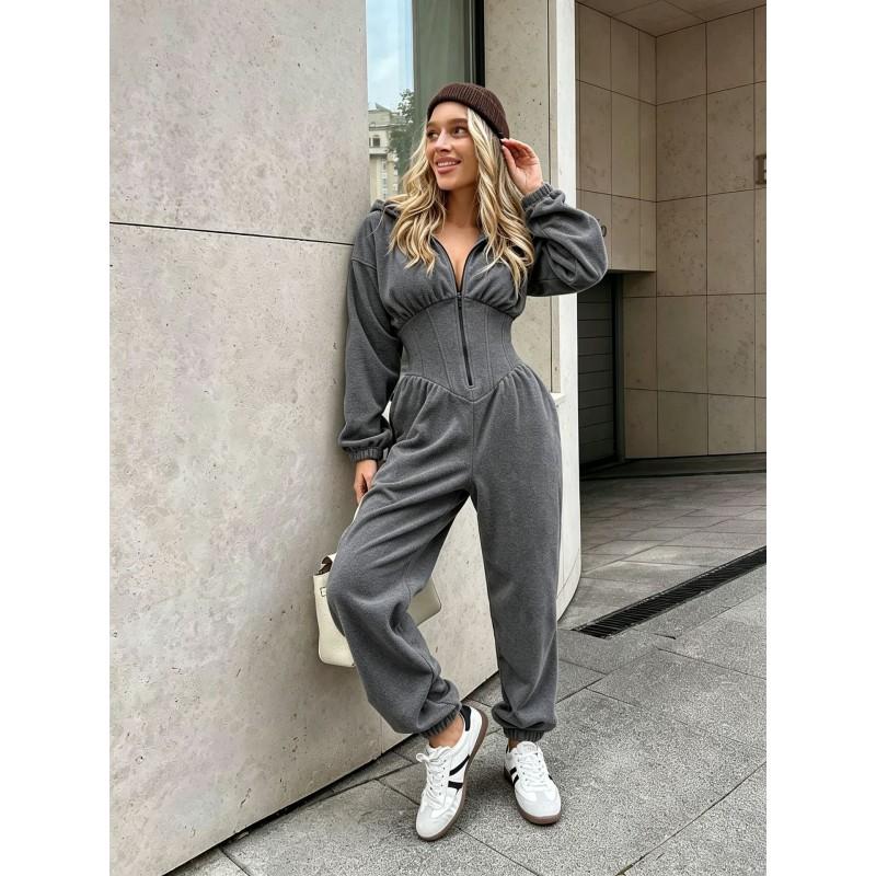 Womens 2026 Fall Winter Hooded Jumpsuit Long Sleeve Relaxed Fit Fleece Romper With Cinched Waist Cuffed Ankles
